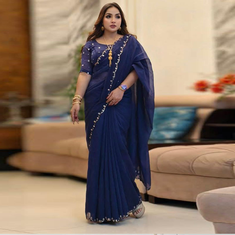 Semi Moslin Sharee with Blouse Piece - Image 2