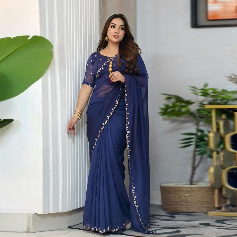 Semi Moslin Sharee with Blouse Piece - Image 3