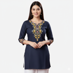 Embroidered Short Tops Navy Blue